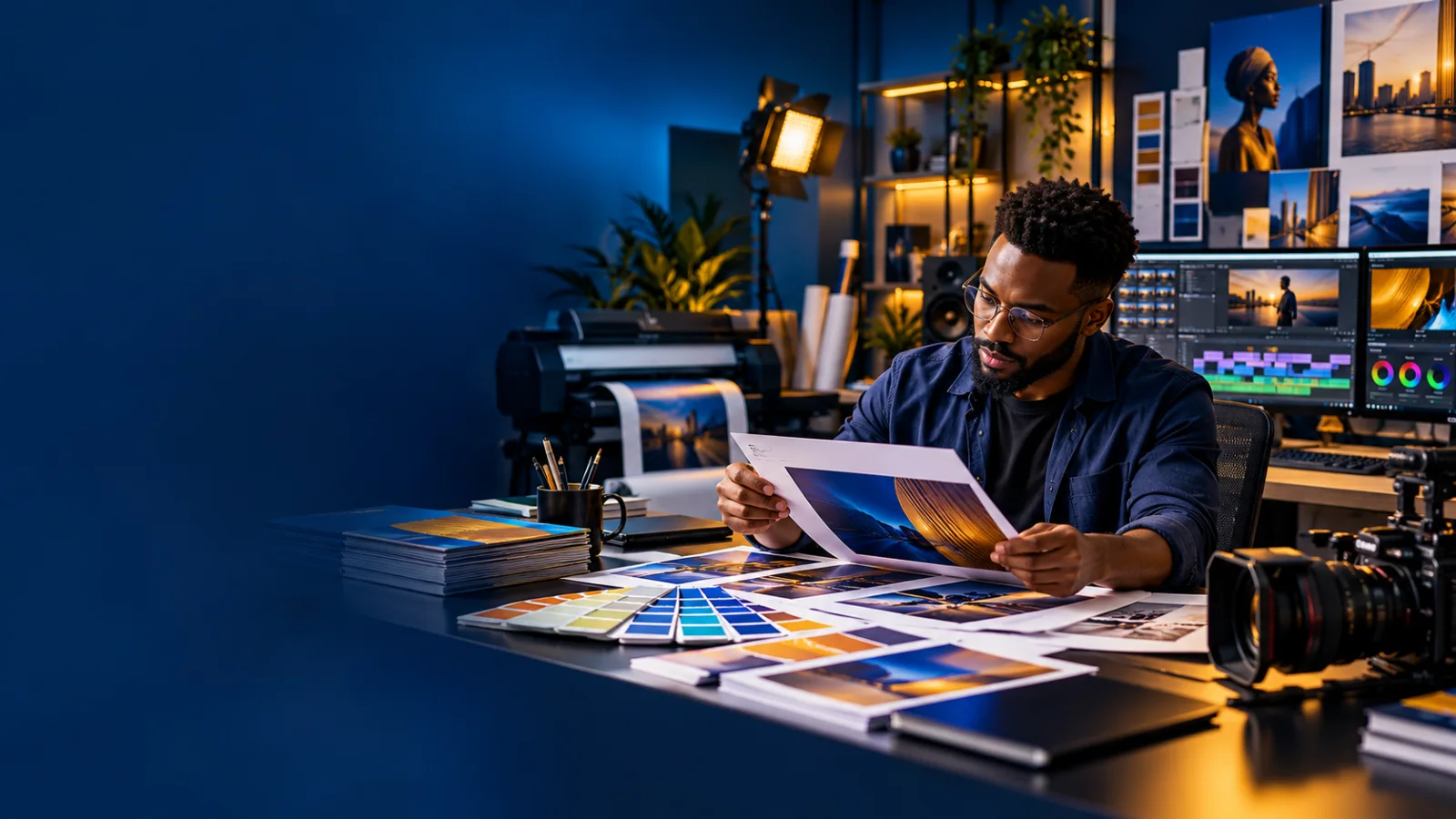 A designer reviewing printed work in a creative media studio