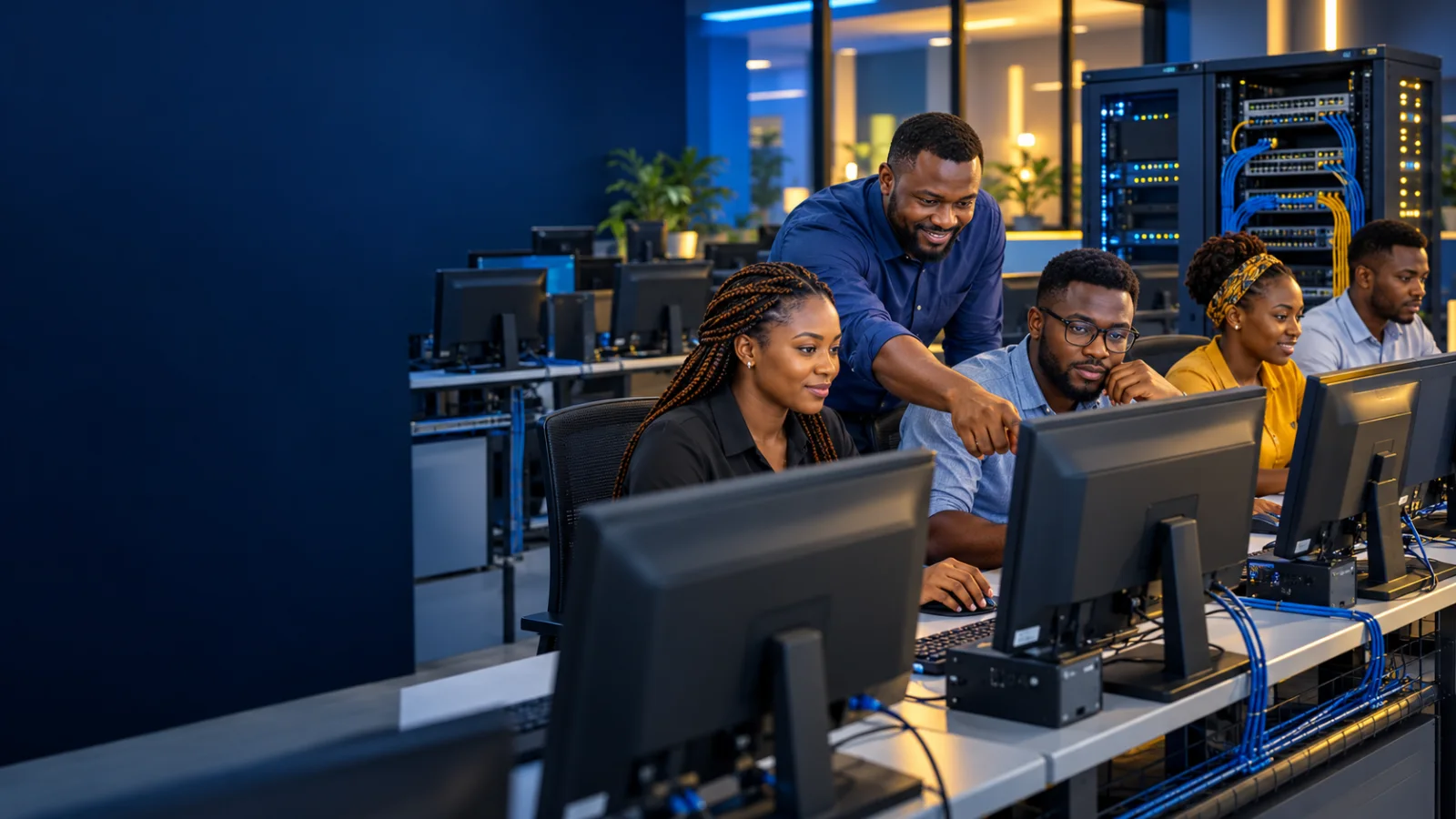 An instructor guiding learners in a connected computer lab